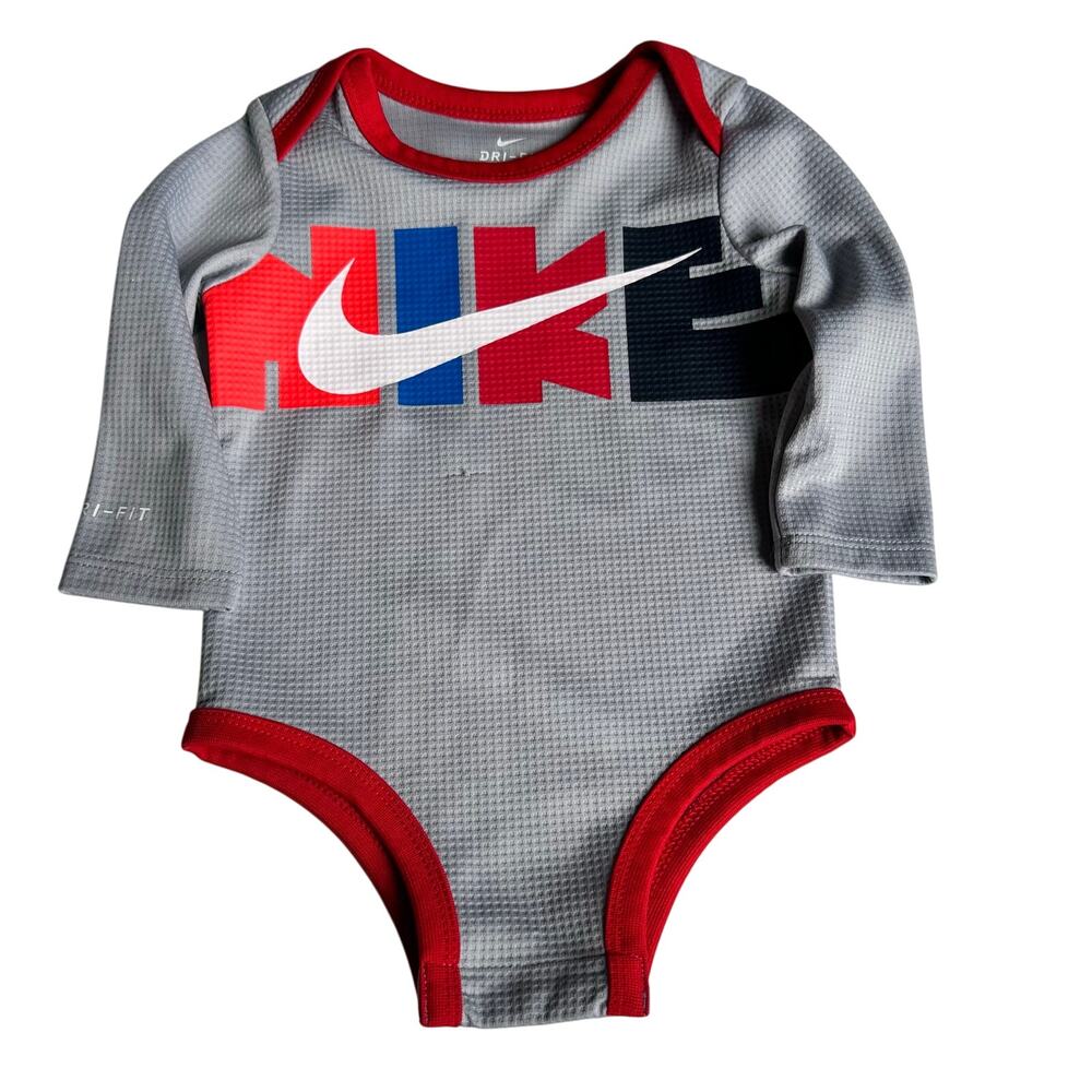 Nike Gray Long Sleeve Bodysuit with Red Trim - 9 Months